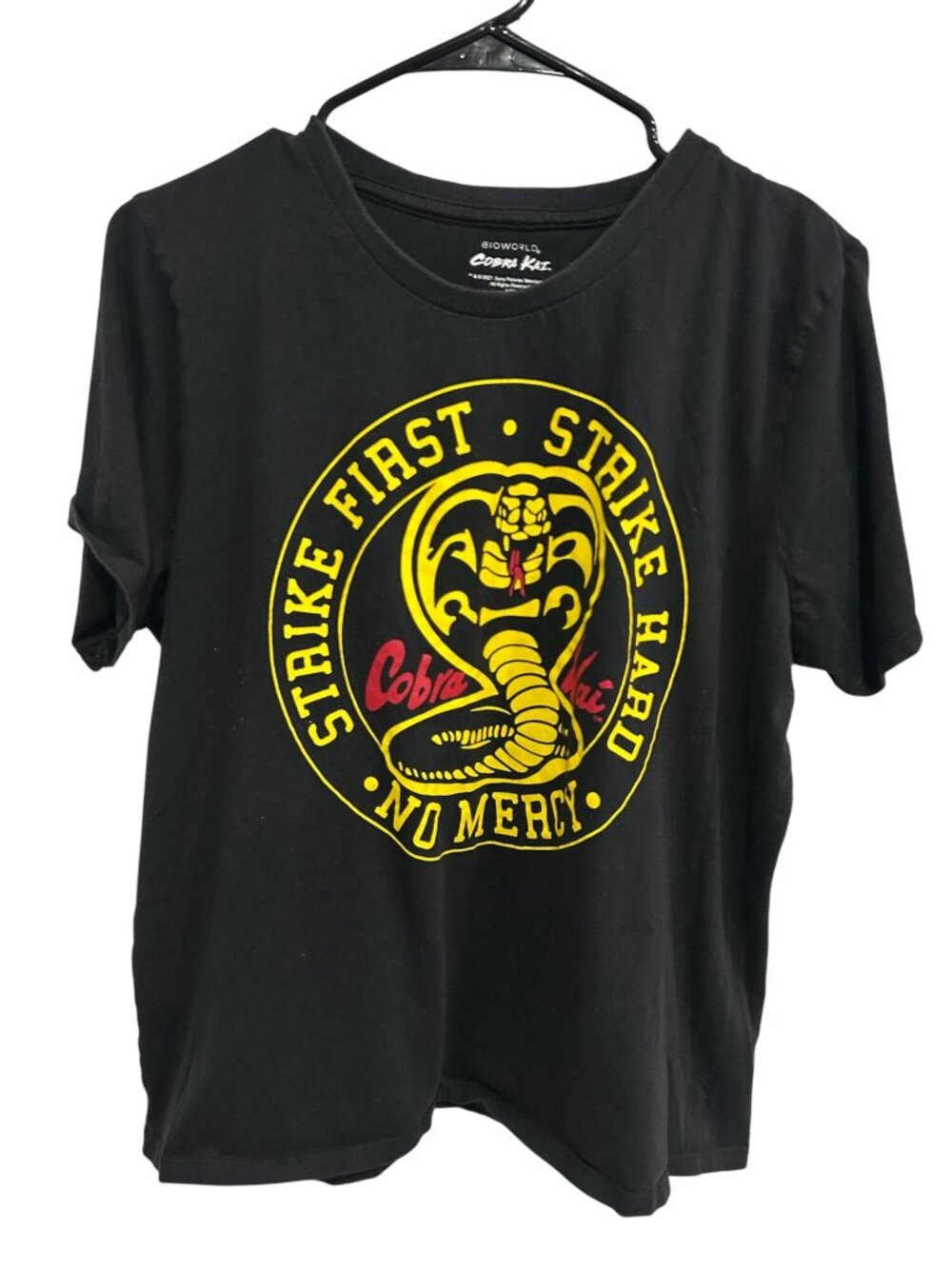 Cobra Kai XL Mens Black Graphic T-Shirt Strike First Strike Hard No Mercy Y2K